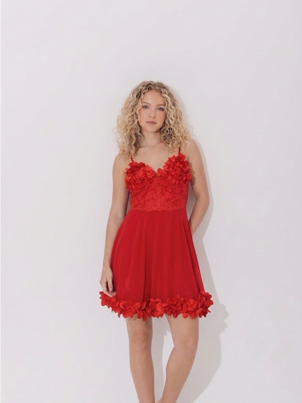 Red Floral-Trim Mini Dress with Lace Bodice